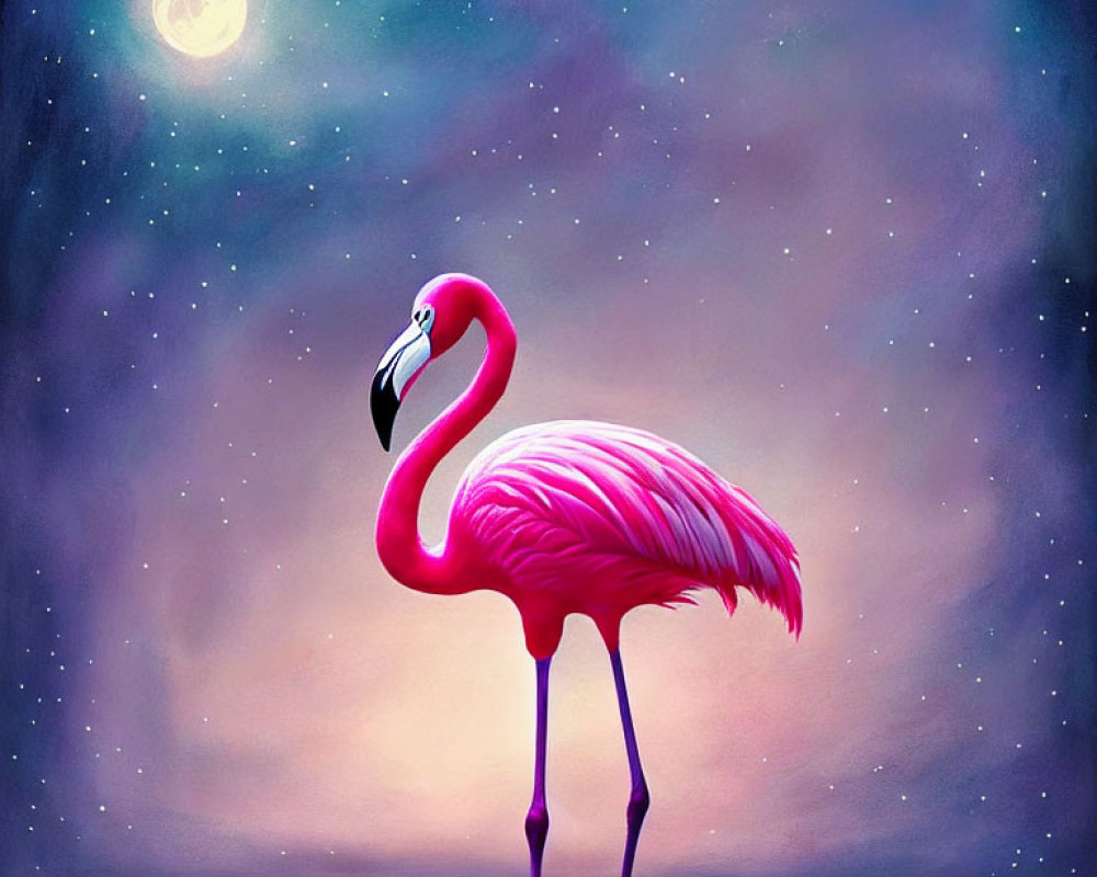 Pink flamingo under moonlit starry sky in hues of purple and blue