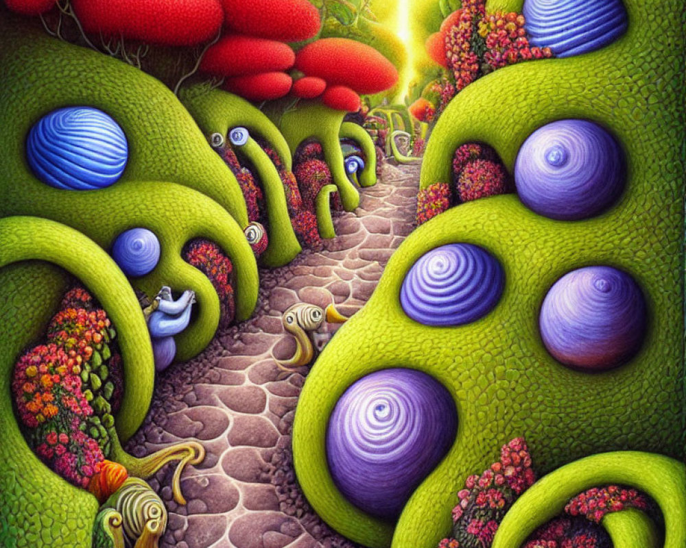 Colorful Illustration of Whimsical Garden Path with Snails and Plants