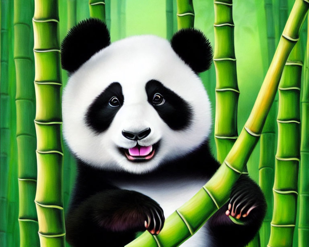 Vibrant Smiling Panda with Bamboo in Bamboo Forest