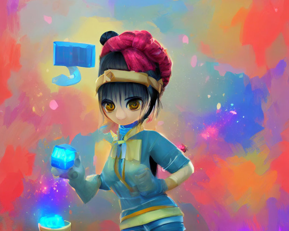 Vibrant illustration of stylized female character with blue eyes and glowing cube