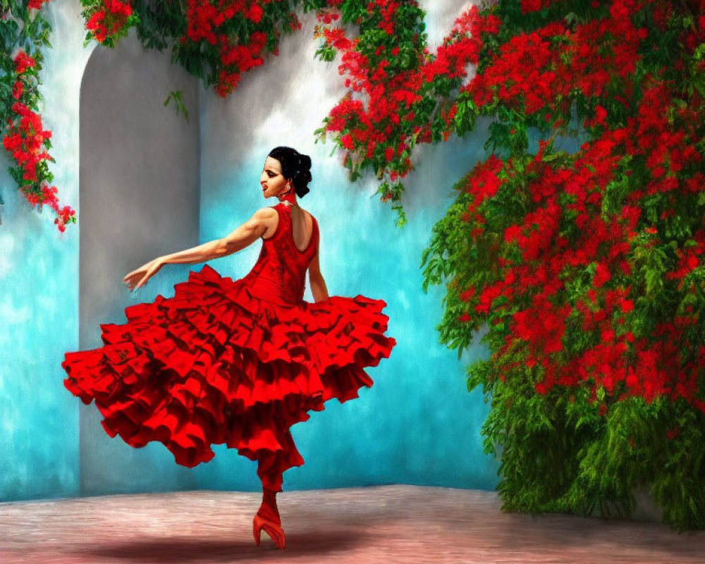 Elegant dancer in flowing red dress amid lush green foliage