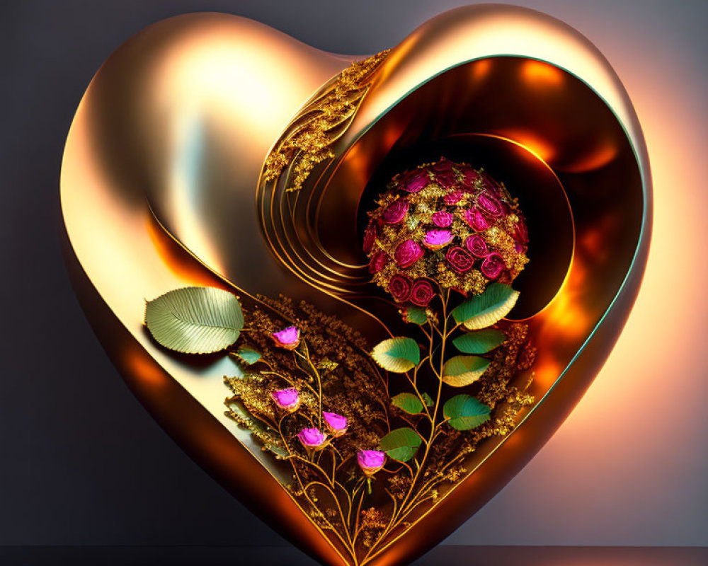 Golden heart with pink flowers and leaves on reflective surface