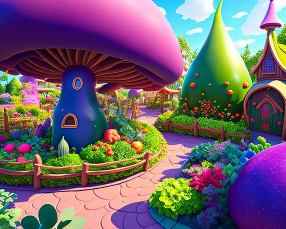 Vibrant fantasy landscape with whimsical mushroom and cone-shaped houses in sunny garden