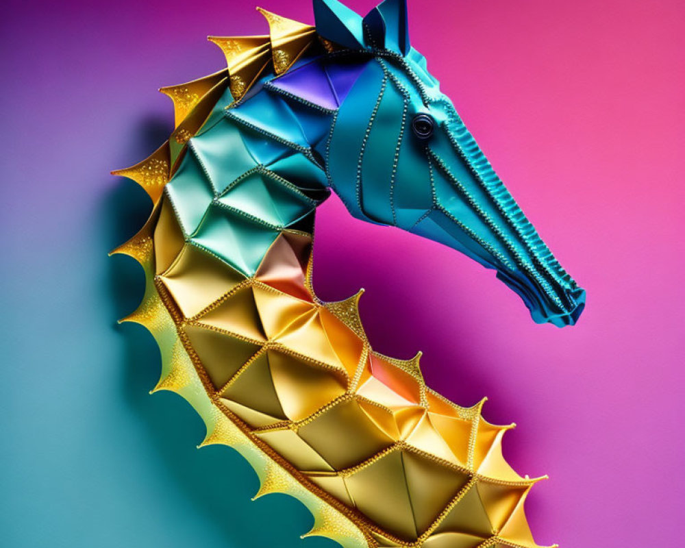 Vibrant seahorse sculpture on pink and purple background