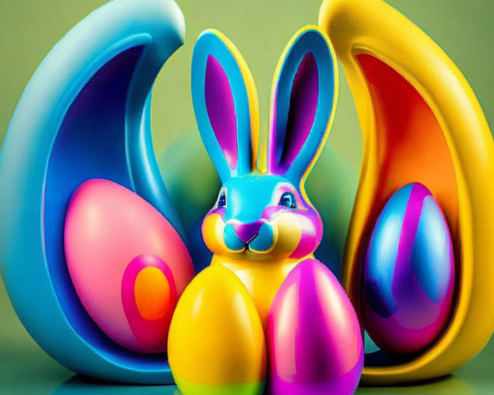 Vibrant Easter Setup with Blue Bunny Figurine and Eggs