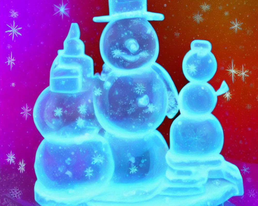 Vibrant digital artwork featuring glowing snowmen on starry backdrop