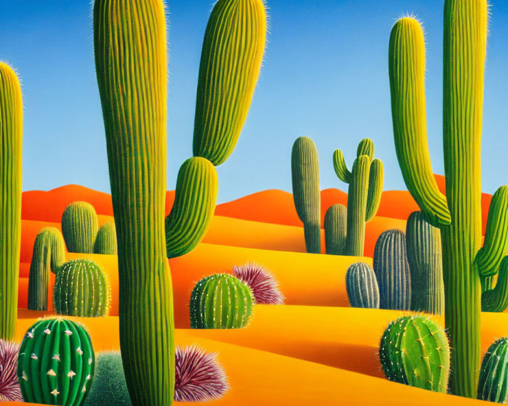 Colorful desert landscape painting with cacti and orange sand