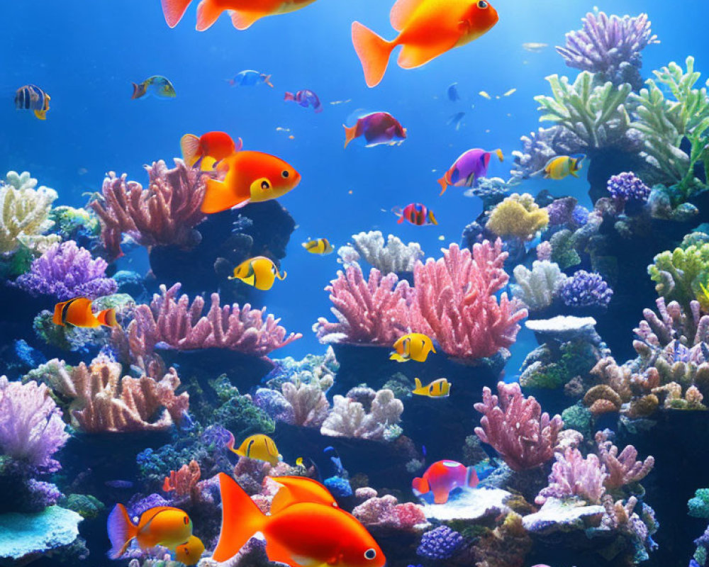 Colorful Fish and Diverse Coral Reefs in Bright Underwater Scene