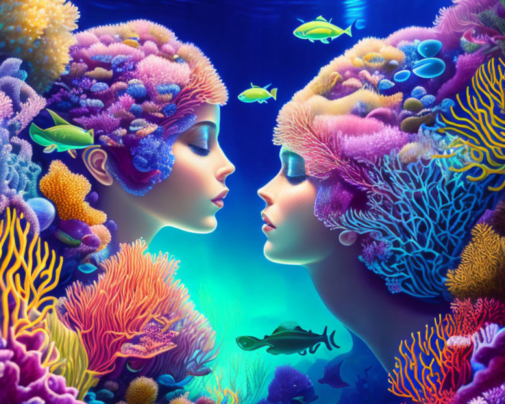 Stylized underwater coral reef faces with vibrant marine life and shark silhouette