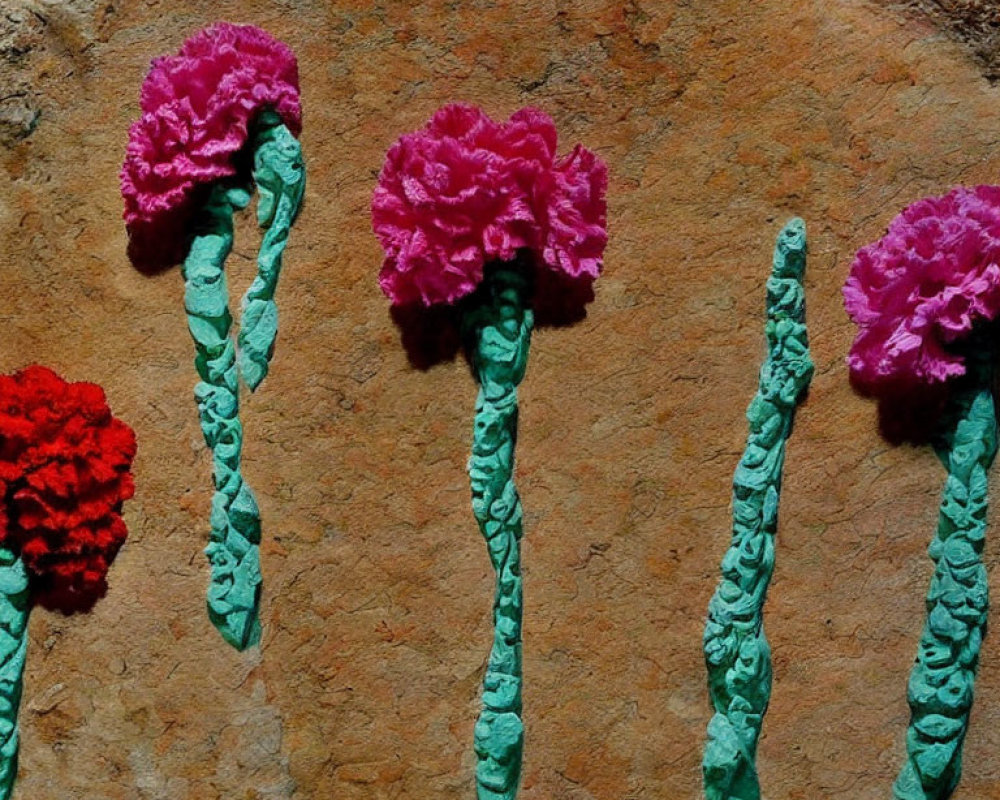 Vibrant paper carnation flowers on beige wall showcase texture contrast