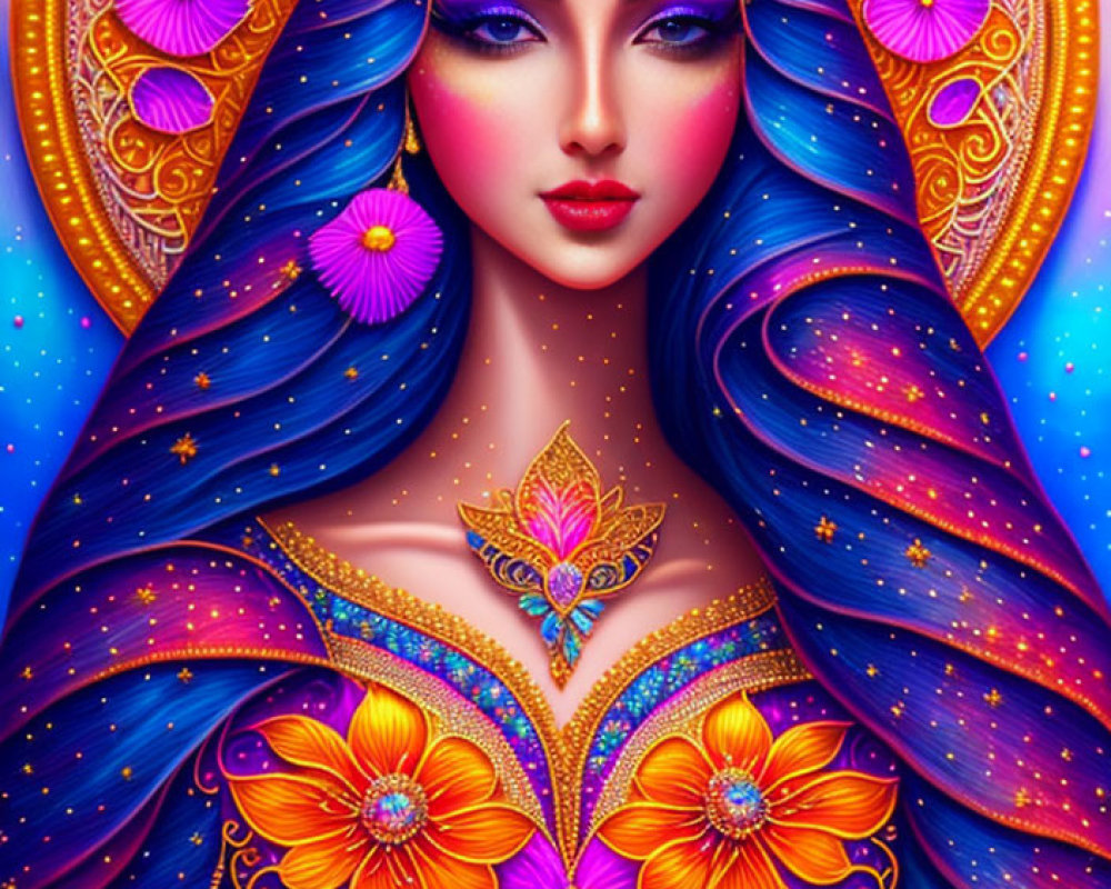 Colorful Illustration of Woman with Blue Hair and Ornate Attire on Purple Background