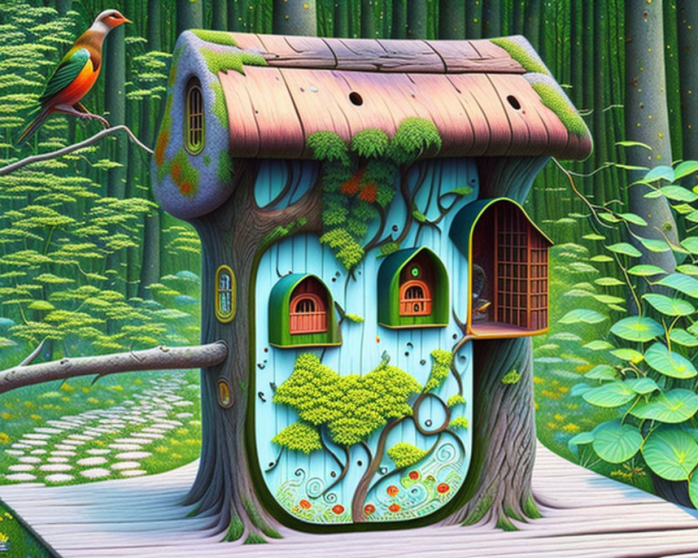 Colorful birdhouse in tree trunk shape in vibrant bamboo forest
