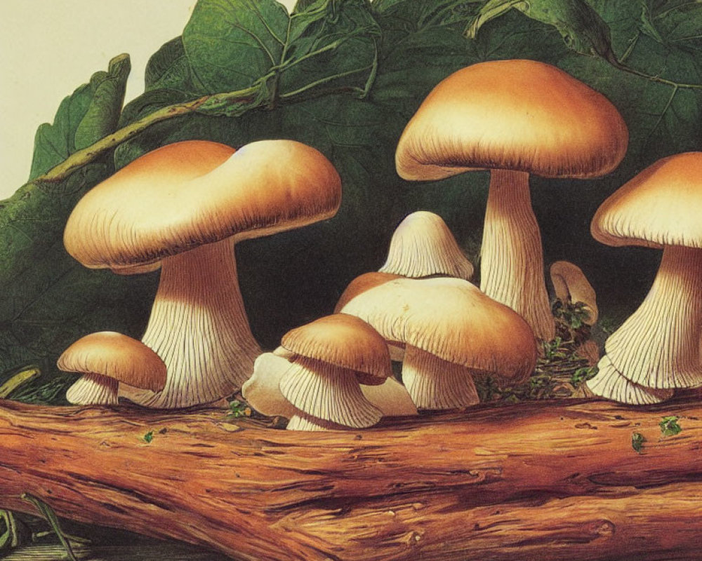 Detailed Vintage Illustration of Mushrooms on Fallen Tree Log