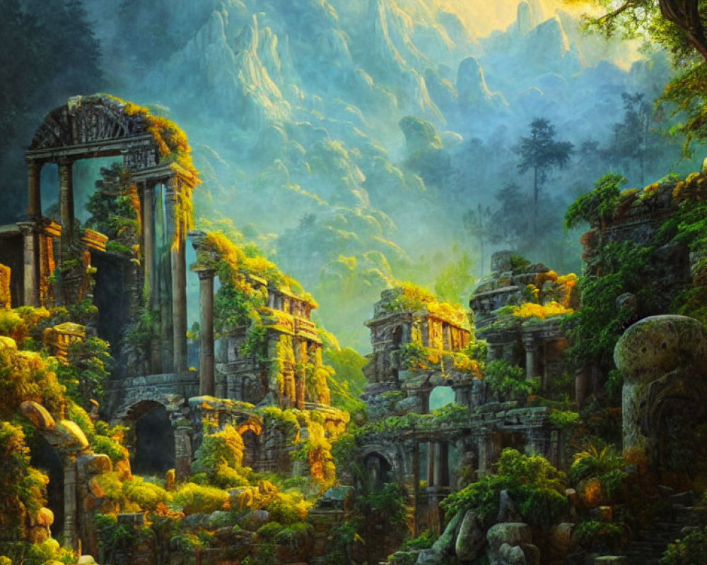 Misty mountains and ancient ruins in lush forest landscape