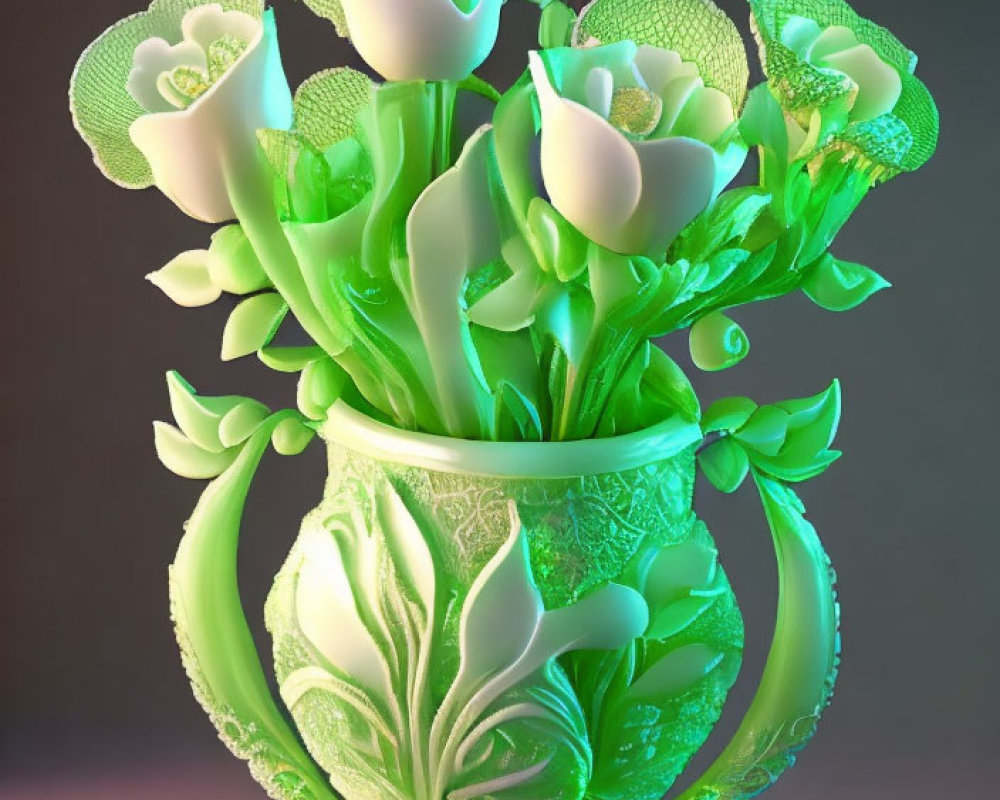 Luminous green vase with white tulips and floral patterns
