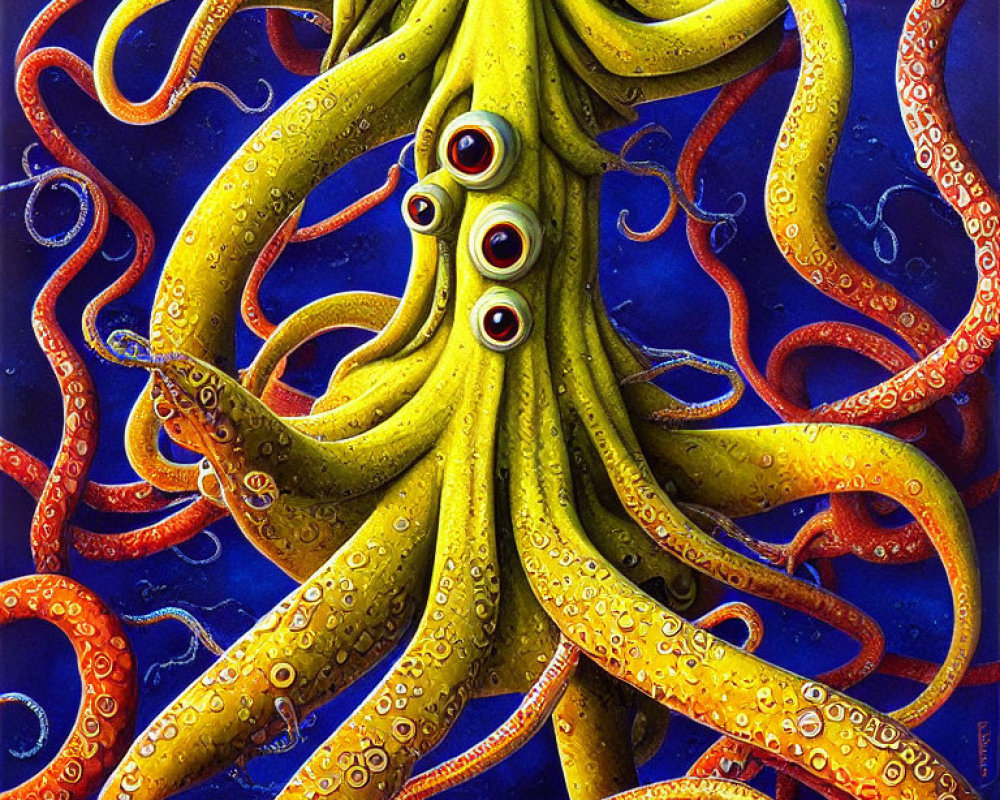 Colorful Yellow Octopus Illustration with Red-Rimmed Eyes on Blue Background