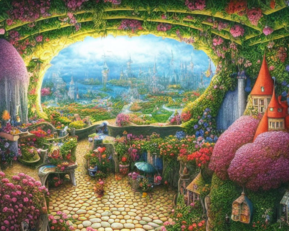 Fantasy garden with cobblestone path, lush vegetation, whimsical houses, and magical city view