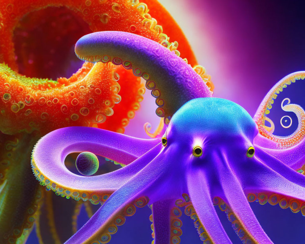 Colorful Purple and Orange Octopus Art on Blue and Purple Background