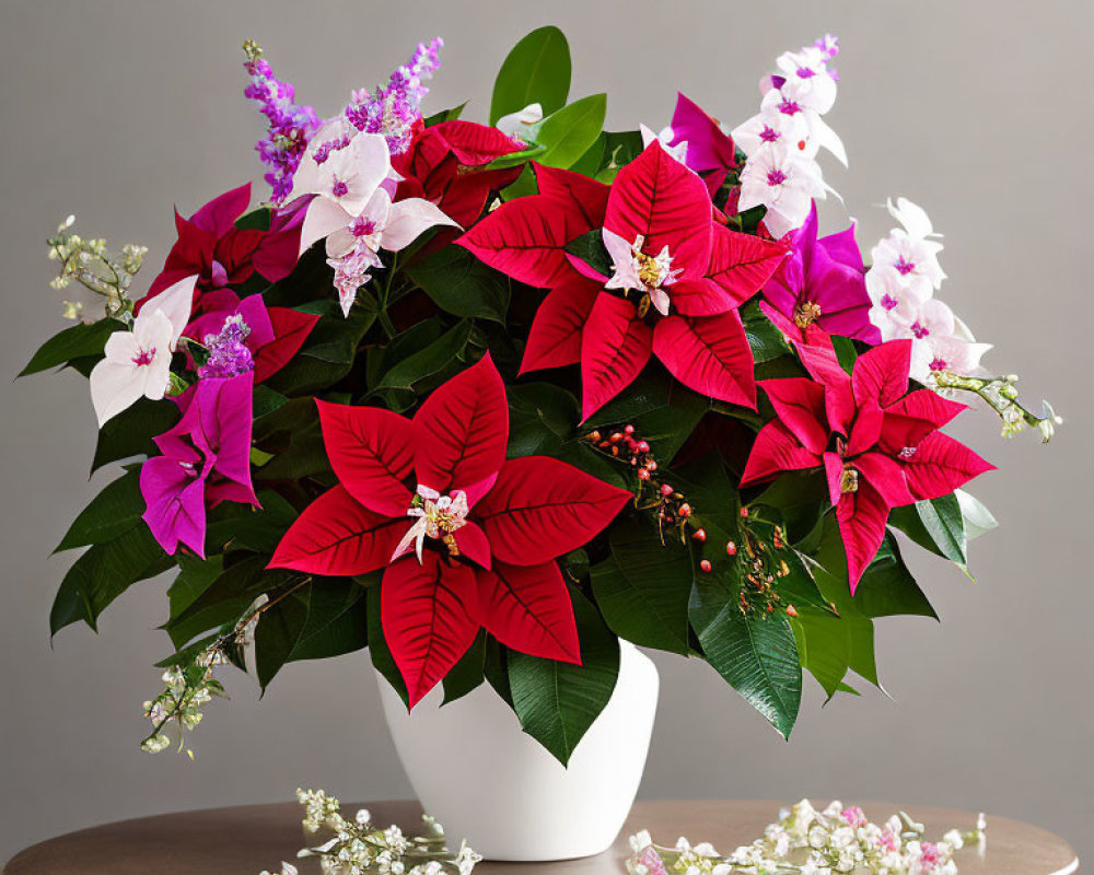 Colorful Poinsettia Bouquet in White Pot on Wooden Table