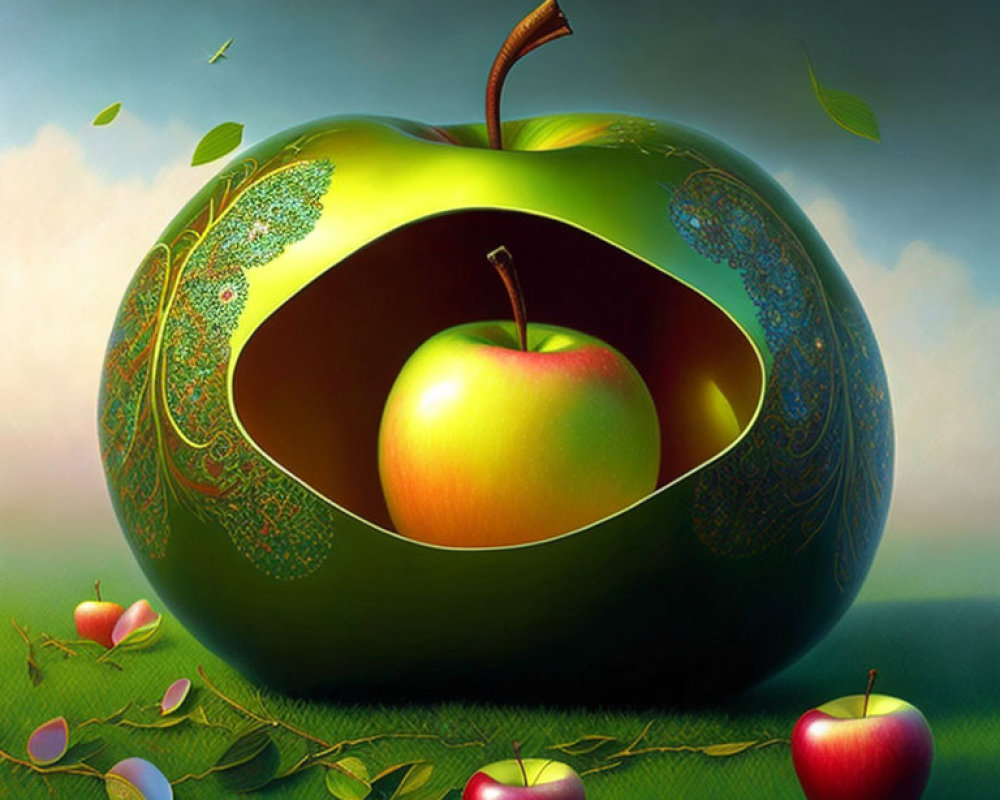 Surreal image: Large green apple with paisley pattern cut-out, revealing smaller apple inside