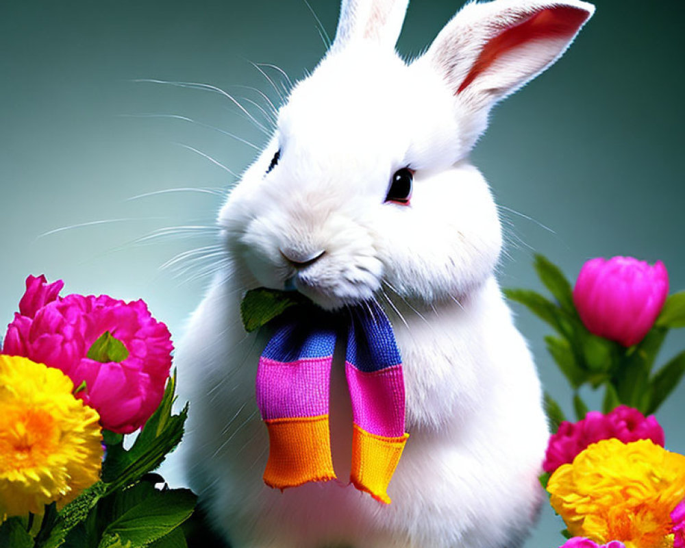 White Rabbit with Colorful Bow Tie Surrounded by Pink and Yellow Flowers
