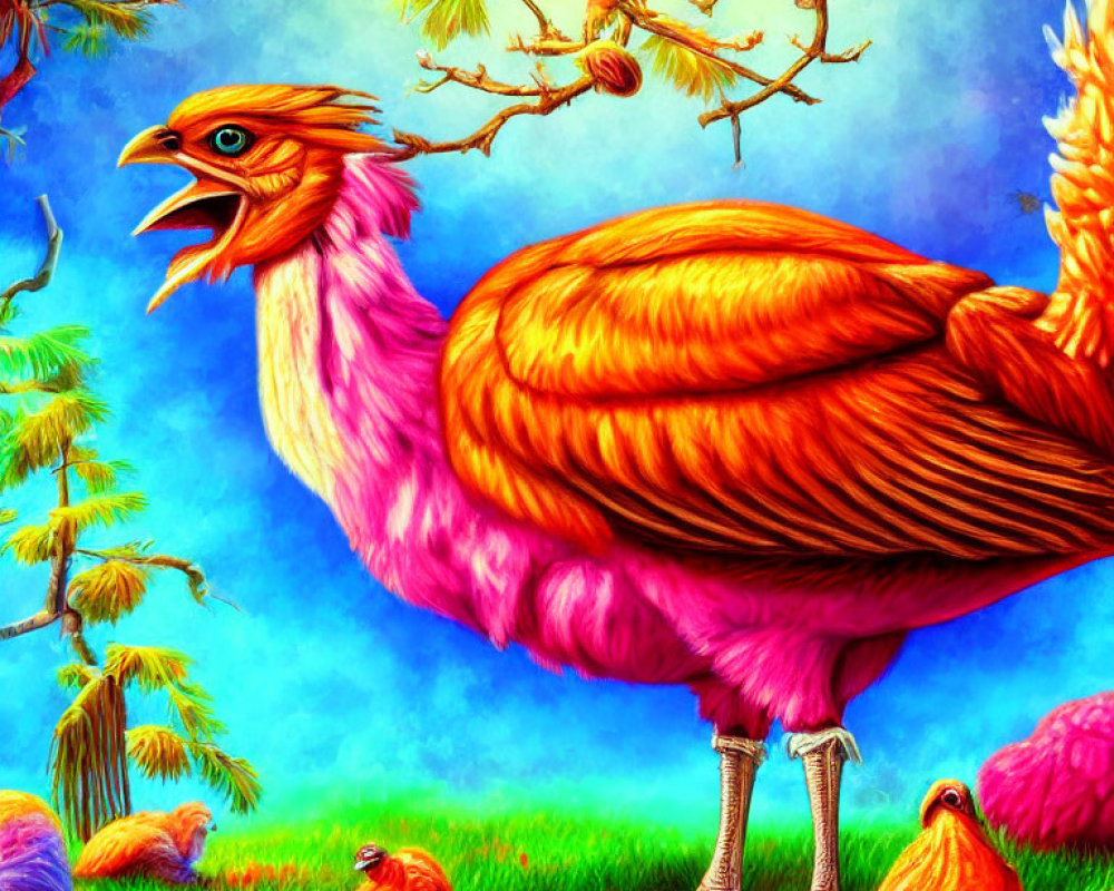 Vibrant mythical bird creature in colorful landscape