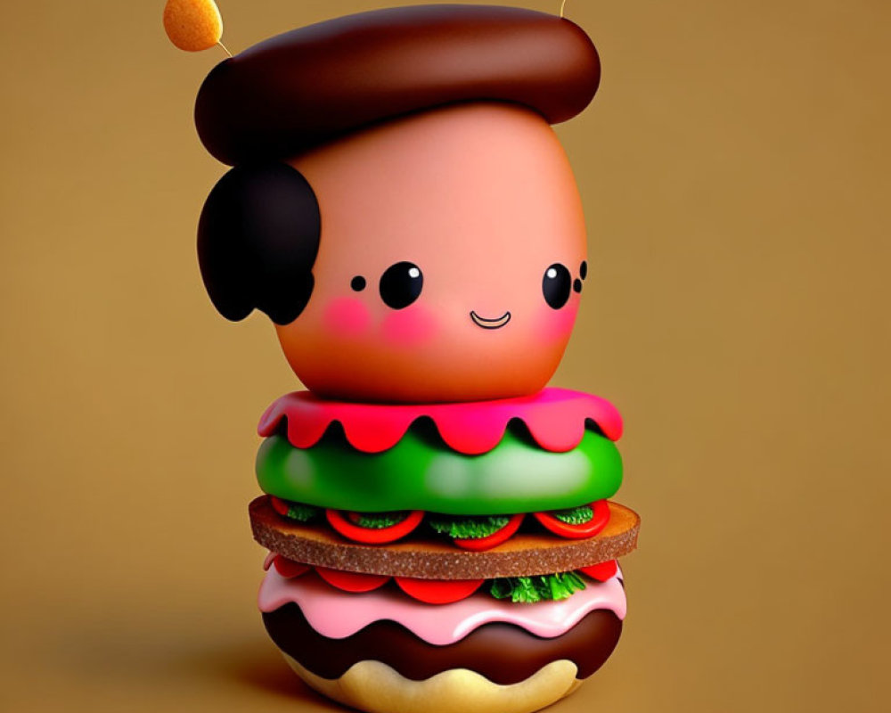 Illustration of character with hamburger body and smiling face