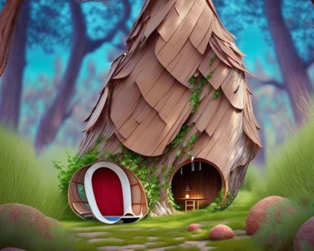 Quaint treehouse with conical roof in lush forest