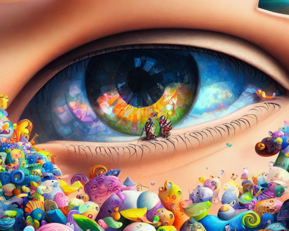 Vibrant surreal close-up featuring giant eye and whimsical creatures