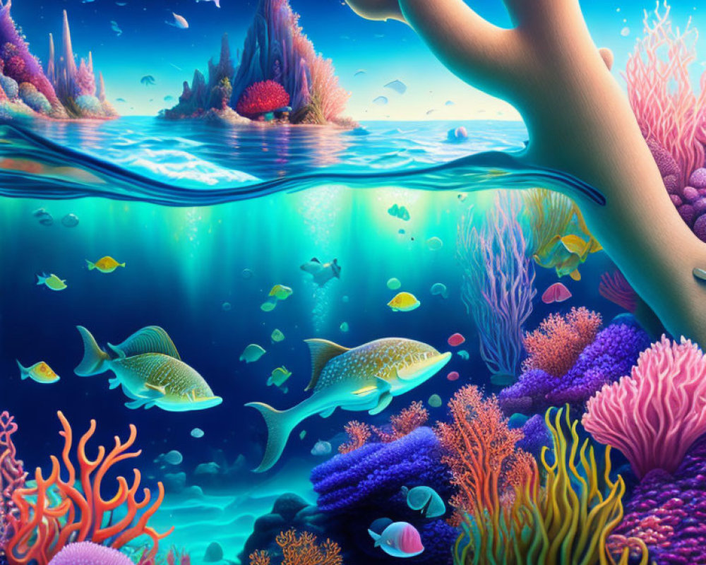 Colorful Coral Reefs and Fish in Surreal Underwater Scene