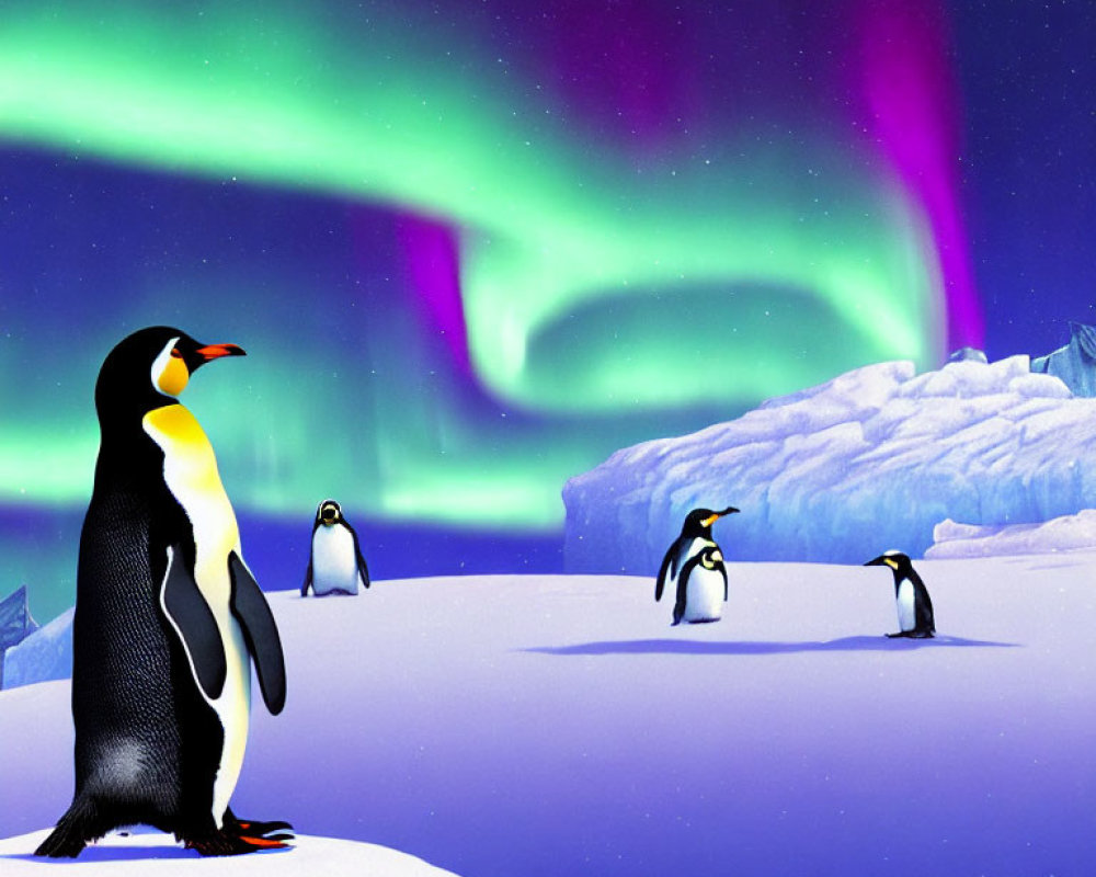 Penguins in icy landscape under colorful aurora borealis