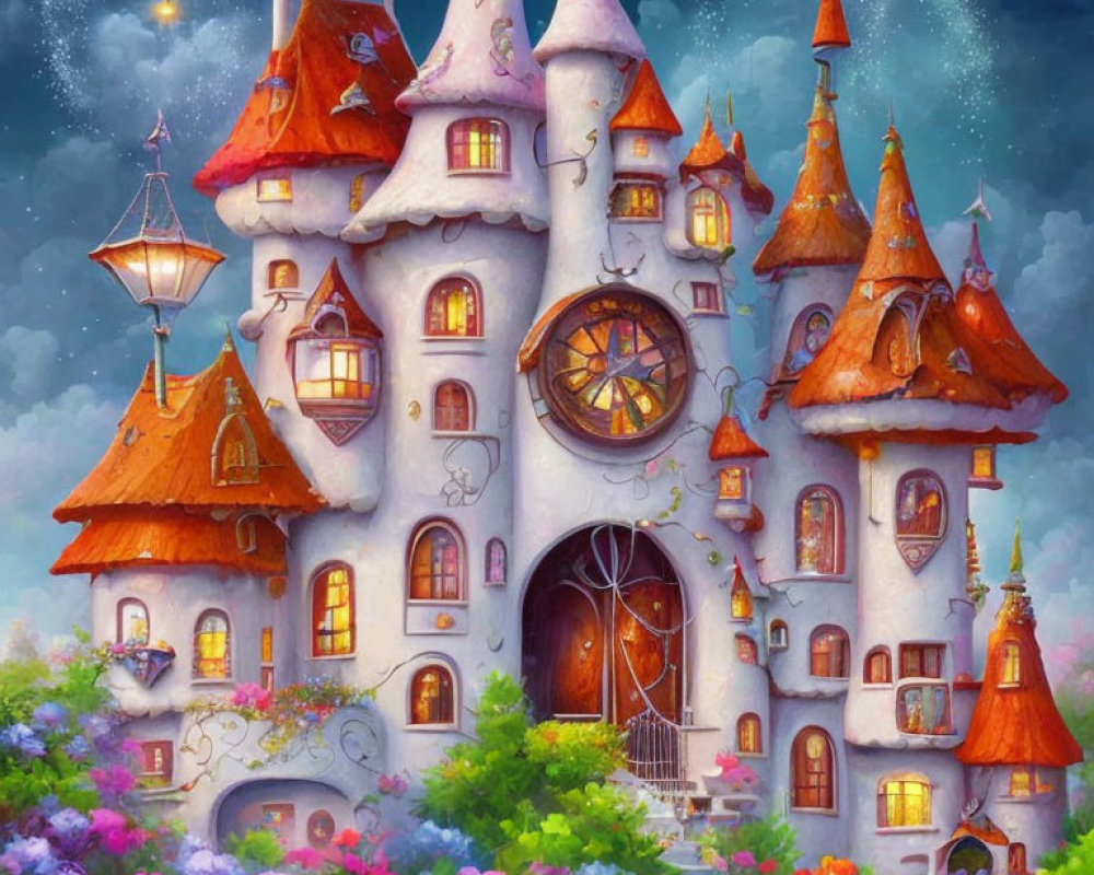 Whimsical fairy-tale castle with colorful flowers under starry sky