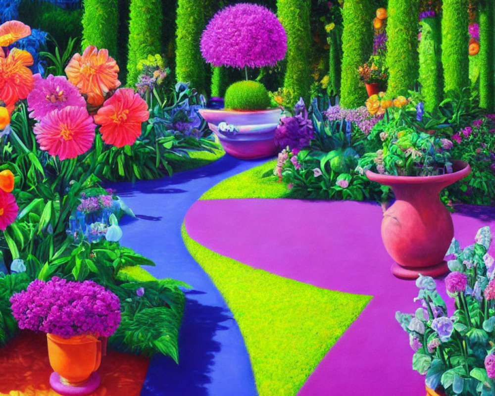 Colorful Flower Garden Path with Trimmed Hedges and Decorative Pots