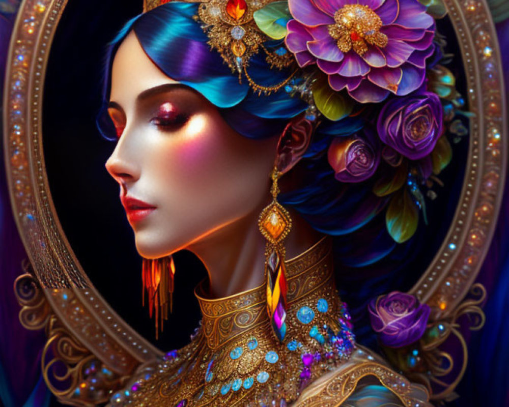Illustration of woman with jeweled crown and earrings, surrounded by golden details and colorful flowers