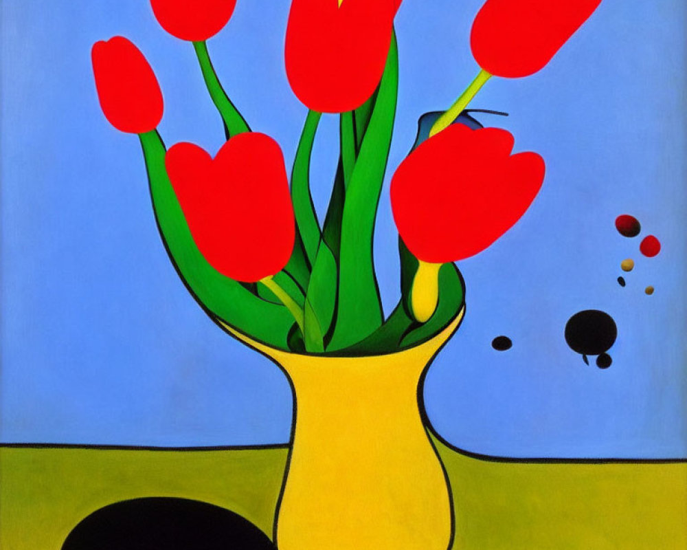 Stylized painting of red tulips in yellow vase on blue background