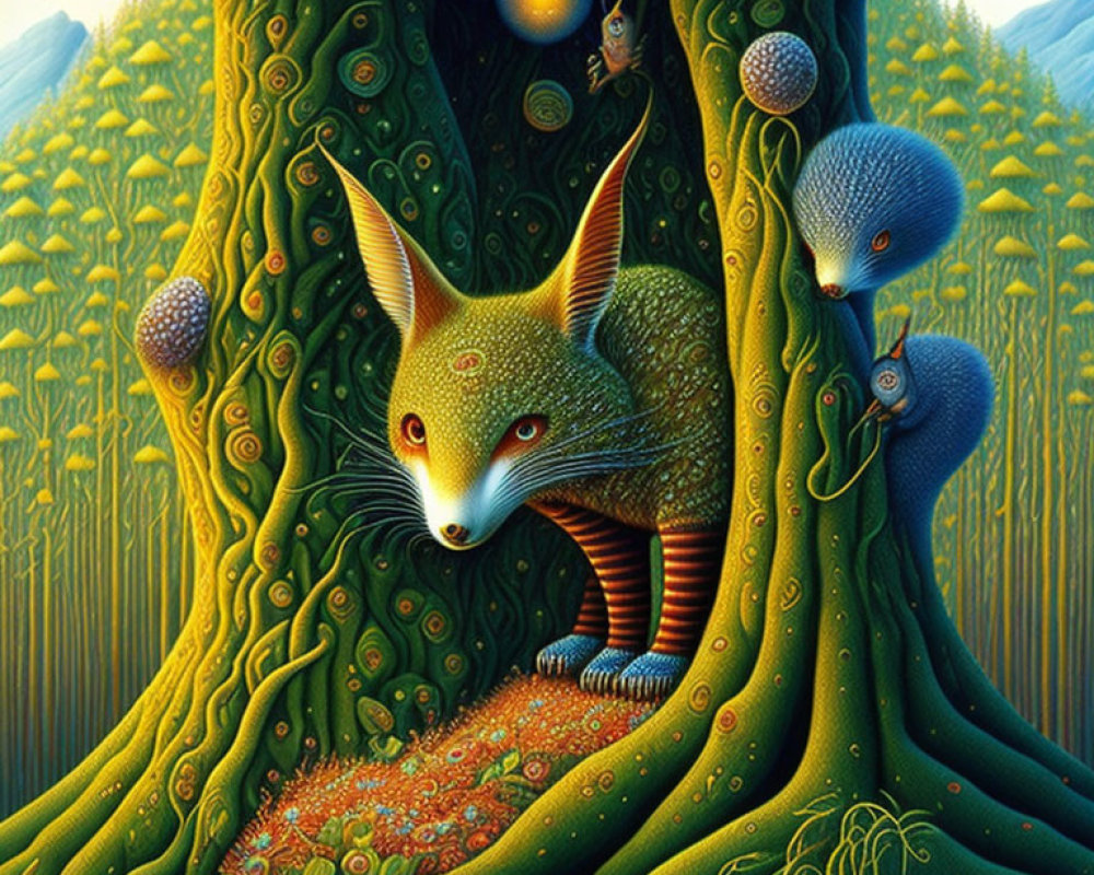 Colorful surreal artwork: Fox with patterned fur under tree, surrounded by orbs, fantasy flora &