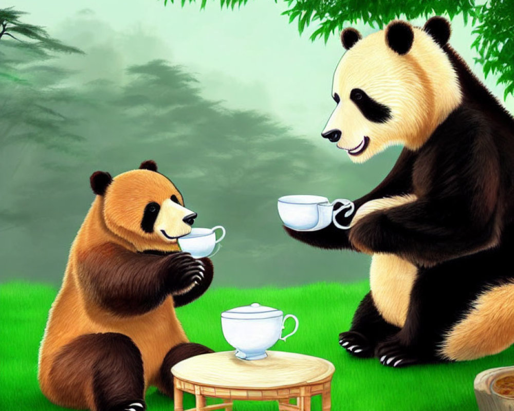 Animated pandas having tea at small table in misty landscape
