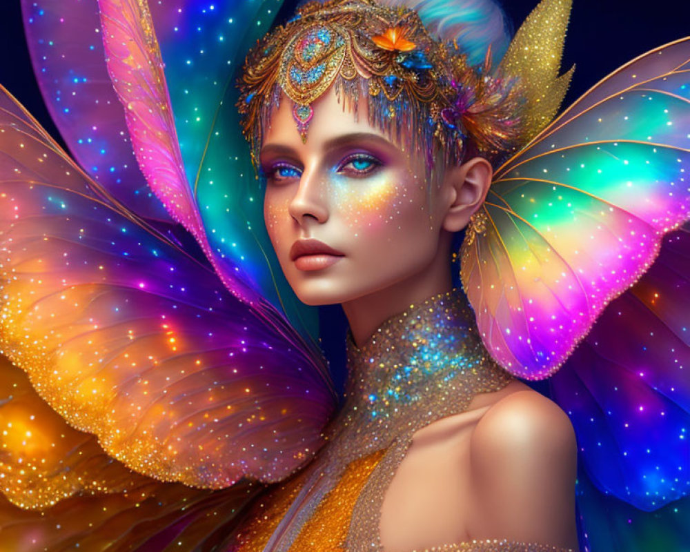 Colorful Butterfly Wings and Glittering Outfit on Dark Background