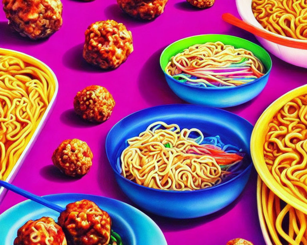 Colorful bowls of noodles with meatballs on purple backdrop, varied chopstick hues