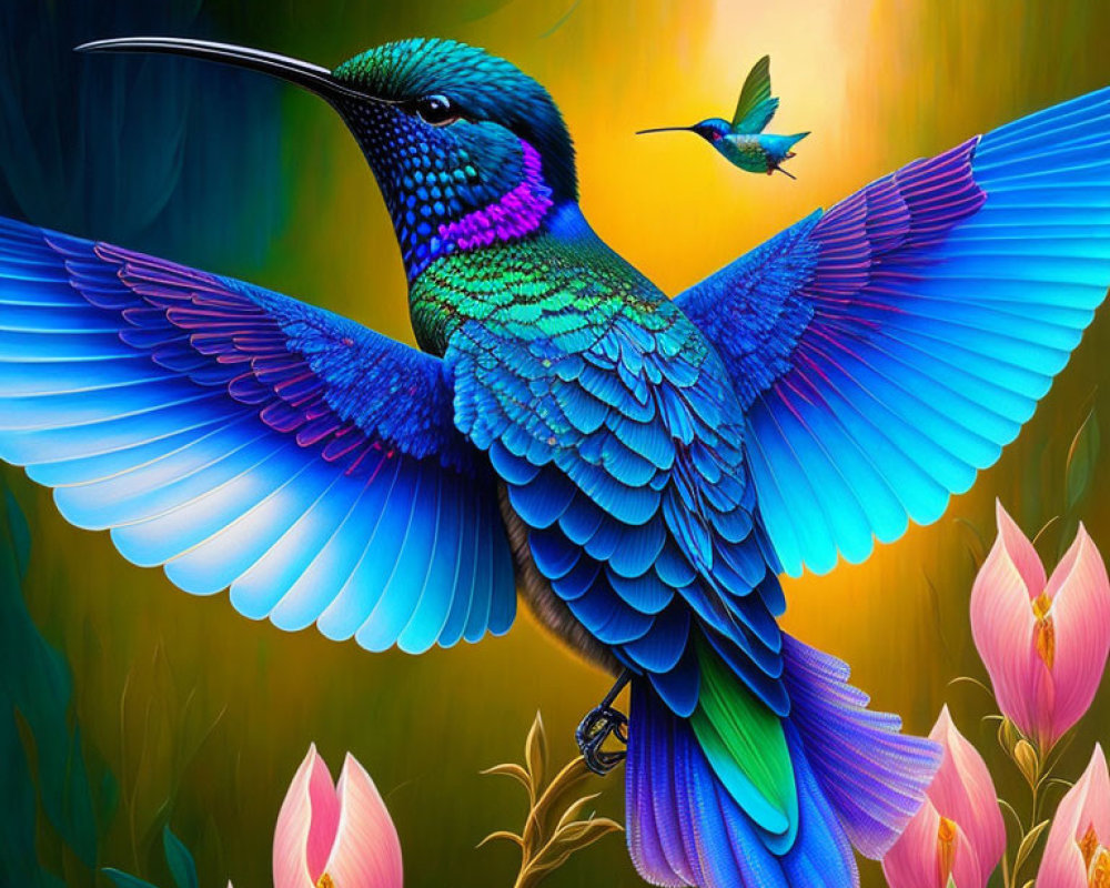 Colorful Hummingbird Artwork with Blue and Green Feathers