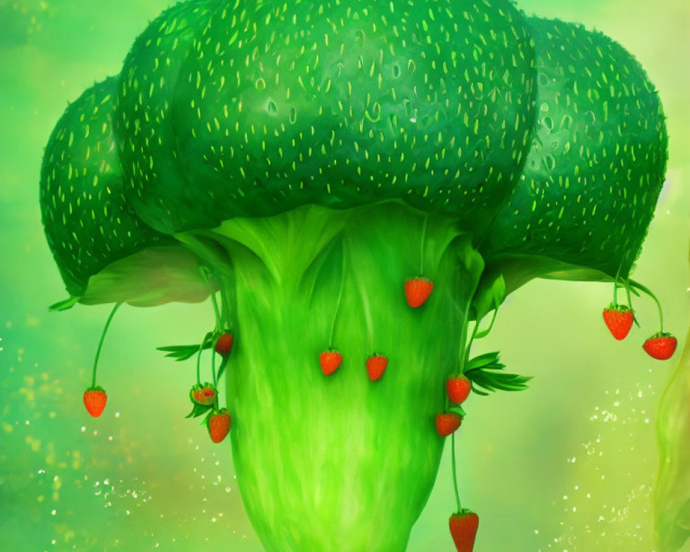 Artistic Fusion: Broccoli and Tree with Hanging Strawberries