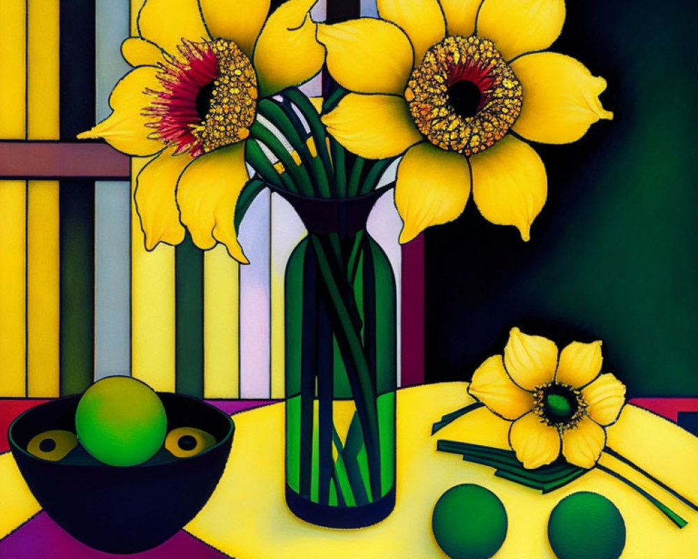 Colorful Still Life Painting with Yellow Flowers, Green Fruits, and Striped Background