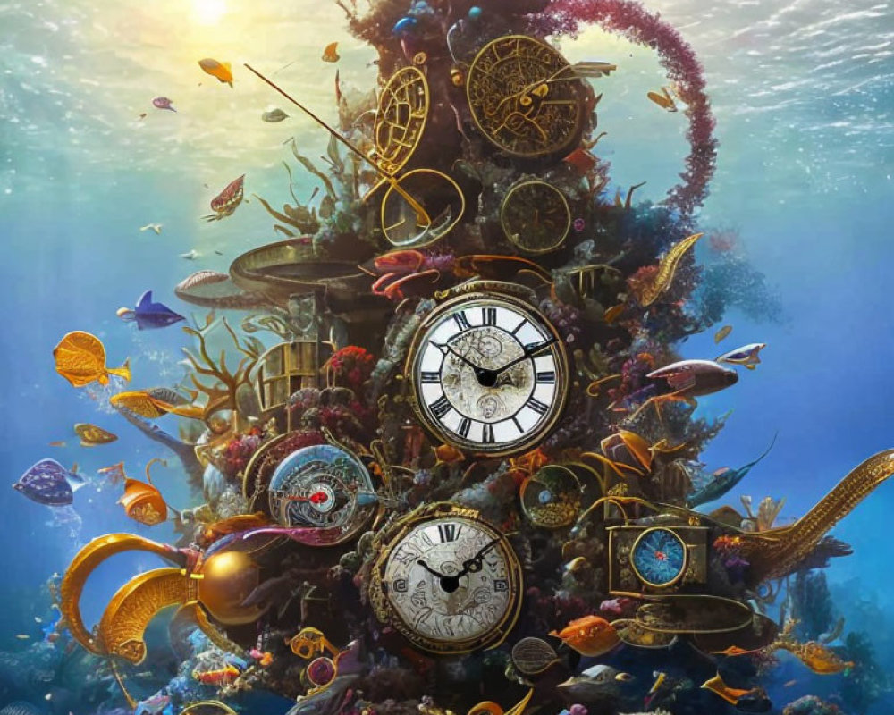Surreal underwater scene with clock tower, gears, coral, and colorful fish