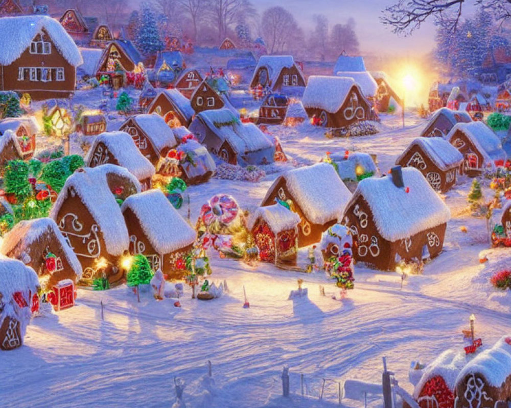 Snow-covered gingerbread houses in picturesque winter village