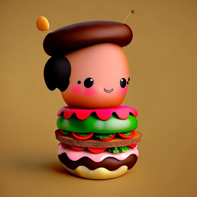 Illustration of character with hamburger body and smiling face