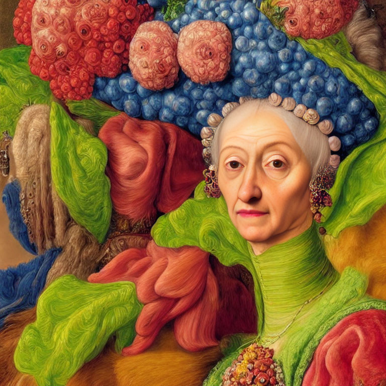 Elderly woman's face merges with fruits, flowers, and fabric textures in surreal portrait