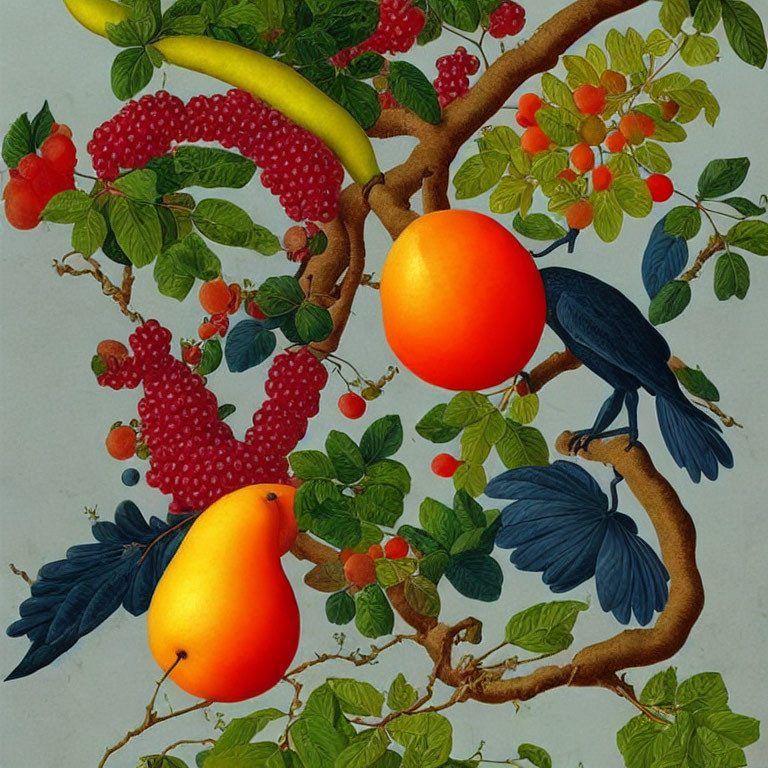 Colorful Fruit-laden Branches with Birds and Berries