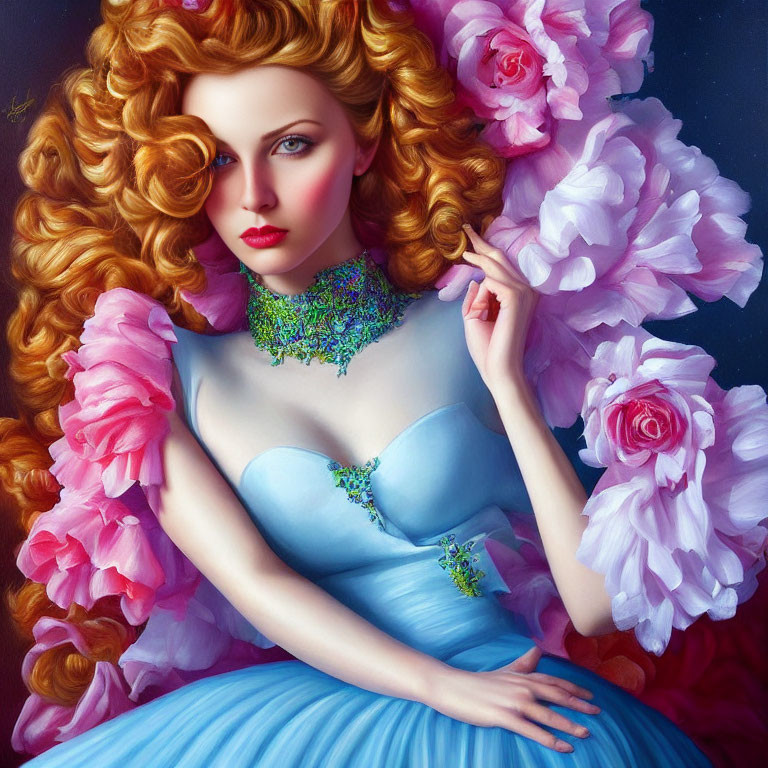 Illustration of woman with voluminous red curly hair, adorned with pink flowers, in blue dress.