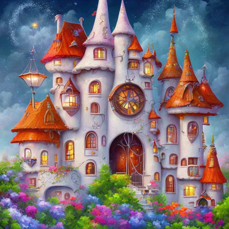 Whimsical fairy-tale castle with colorful flowers under starry sky