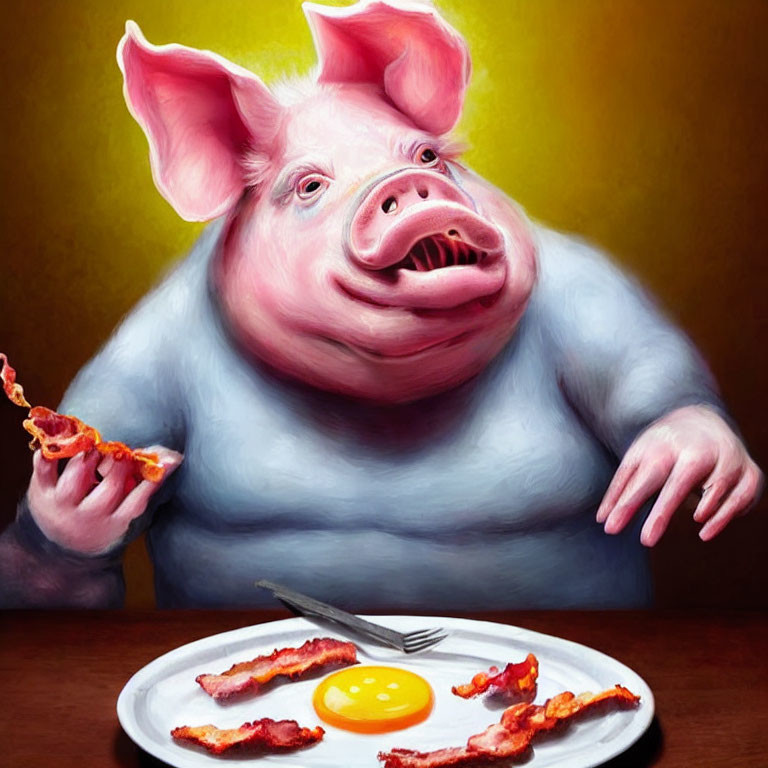 Anthropomorphic Pig Eating Bacon and Eggs at Table